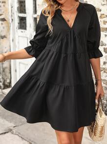 SHEIN VCAY Flounce Sleeve Layered Hem Smock Dress - Black - View 5