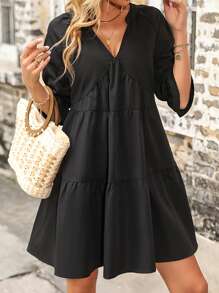 SHEIN VCAY Flounce Sleeve Layered Hem Smock Dress - Black - View 6
