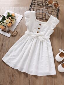 Toddler Girls Swiss Dot Ruffle Trim Belted Dress - White - View 1