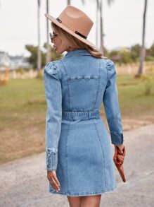 SHEIN Privé Button Front Belted Denim Dress - Light Wash - View 3