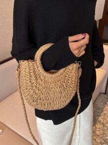 半圓編織雙層草編包，女士夏季斜挎包，度假休閒沙灘手提包 - 卡其色 - 查看 2