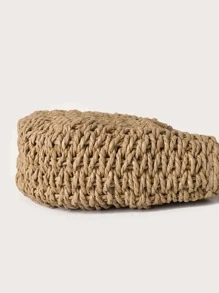 半圓編織雙層草編包，女士夏季斜挎包，度假休閒沙灘手提包 - 卡其色 - 查看 3