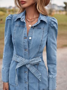 SHEIN Privé Button Front Belted Denim Dress - Light Wash - View 6