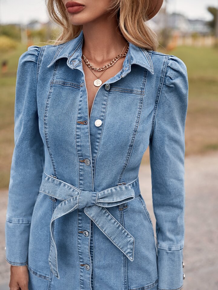   ボタンフロント ウエストベルト デニム ドレス ボタンフロント ベルト デニムドレス | SHEIN JAPAN
