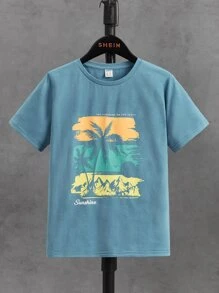 SHEIN Boys Coconut Tree & Letter Graphic Tee - Dusty Blue - View 5