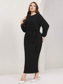 Modelyn Plus Lantern Sleeve Belted Bodycon Dress Long Evening Dresses - Black - View 6