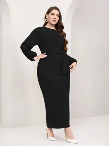 Modelyn Plus Lantern Sleeve Belted Bodycon Dress Long Evening Dresses - Black - View 5