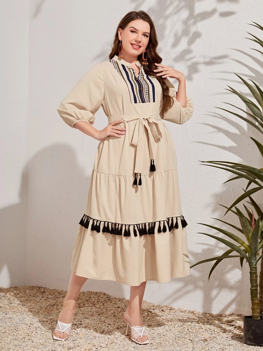 Mulvari Plus Tassel Trim Belted Dress - Beige - View 1