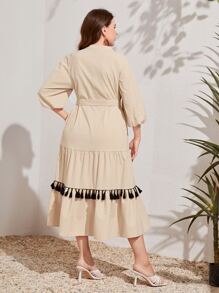 Mulvari Plus Tassel Trim Belted Dress - Beige - View 3
