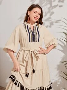 Mulvari Plus Tassel Trim Belted Dress - Beige - View 4
