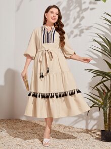 Mulvari Plus Tassel Trim Belted Dress - Beige - View 2