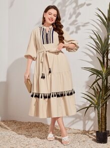 Mulvari Plus Tassel Trim Belted Dress - Beige - View 6