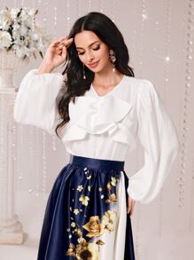 Modelyn Blusa ribete con fruncido de manga farol - Blanco - Ver 4