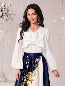 Modelyn Blusa ribete con fruncido de manga farol - Blanco - Ver 3