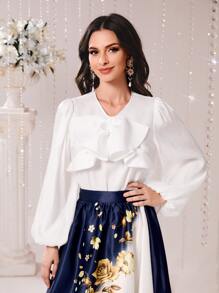 Modelyn Blusa ribete con fruncido de manga farol - Blanco - Ver 1