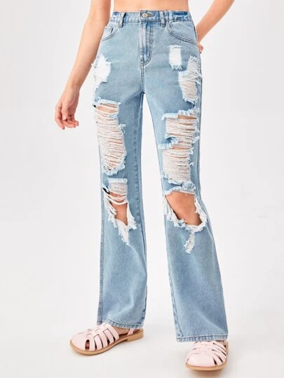 SHEIN Teen Girls Cut Out Ripped Flare Leg Jeans