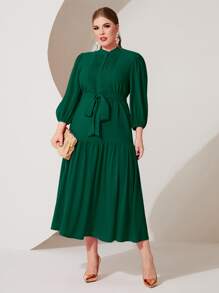 Modelyn Plus Lantern Sleeve Ruffle Hem Belted Dress - Dark Green - View 1