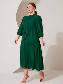 Modelyn Plus Lantern Sleeve Ruffle Hem Belted Dress - Dark Green - View 3