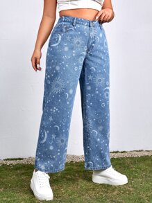 SHEIN ICON Plus Sun & Moon Print Straight Leg Jeans - Medium Wash - View 1