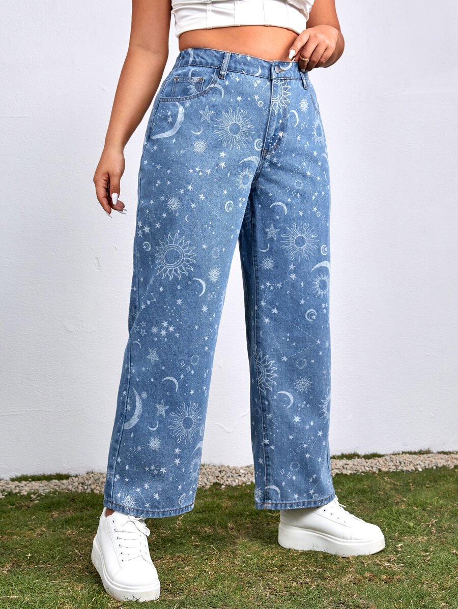 SHEIN ICON Plus Sun & Moon Print Straight Leg Jeans - Medium Wash - View 1
