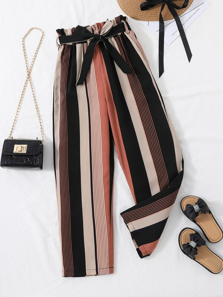 SHEIN Girls Striped Paperbag Waist Trousers - Multicolor - View 1