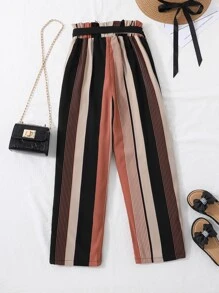 SHEIN Girls Striped Paperbag Waist Trousers - Multicolor - View 2