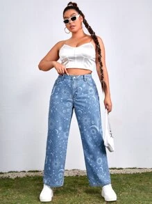 SHEIN ICON Plus Sun & Moon Print Straight Leg Jeans - Medium Wash - View 5