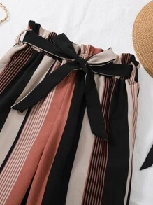 SHEIN Girls Striped Paperbag Waist Trousers - Multicolor - View 6