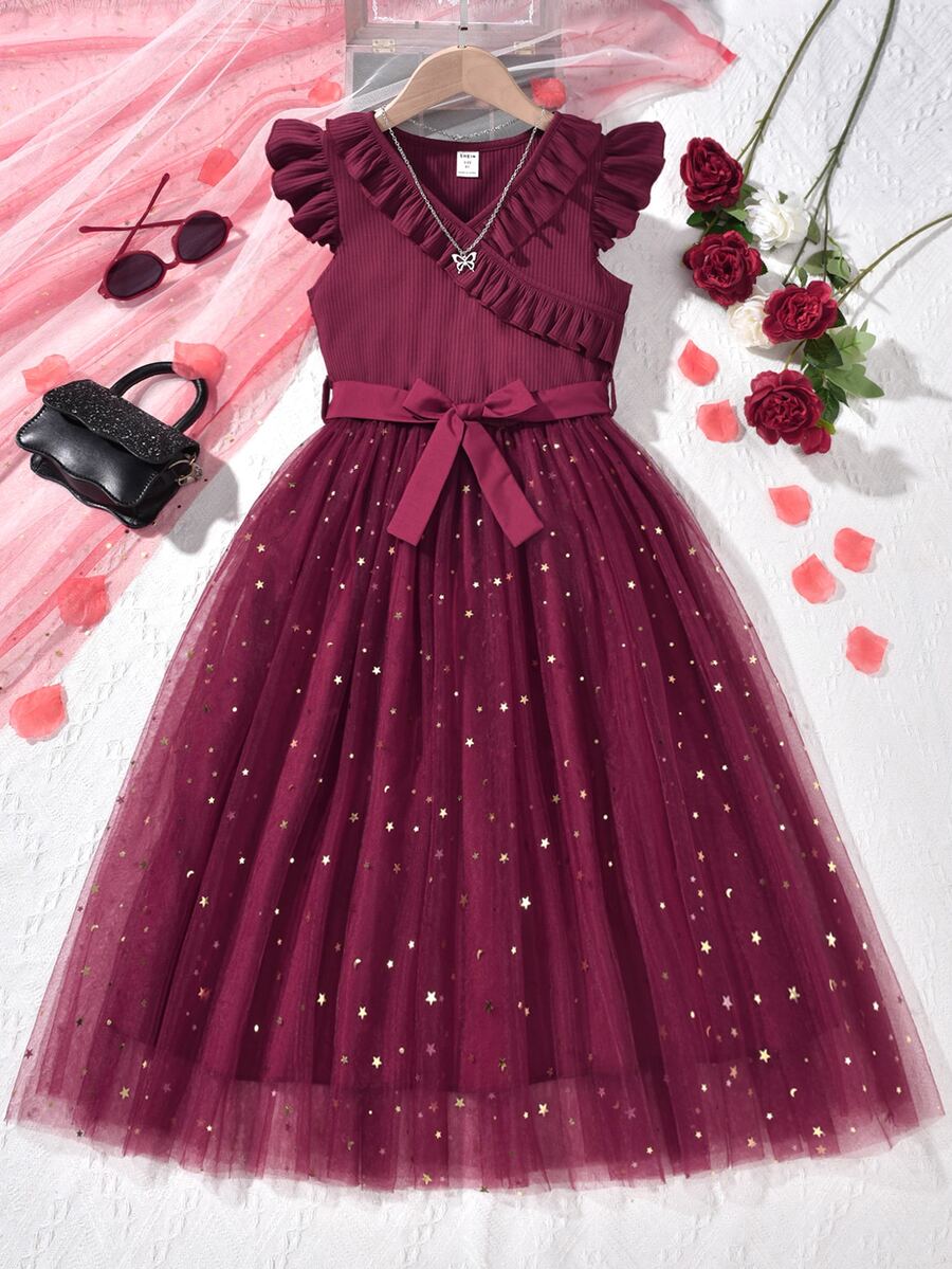 Girls Ruffle Trim Star Print Mesh Dress - Burgundy - View 1