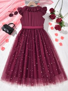 Girls Ruffle Trim Star Print Mesh Dress - Burgundy - View 2