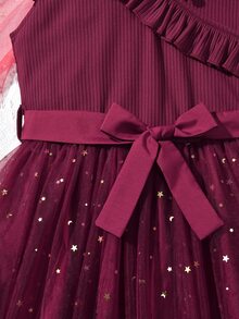 Girls Ruffle Trim Star Print Mesh Dress - Burgundy - View 6