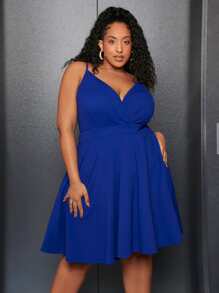 SHEIN CURVE+ Plus Surplice Neck Cami Dress - Royal Blue - View 1