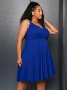 SHEIN CURVE+ Plus Surplice Neck Cami Dress - Royal Blue - View 6