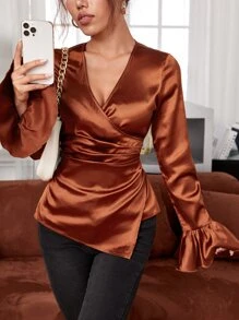 SHEIN Privé 圍裹側收褶緞面襯衫 - 棕色 - 查看 4