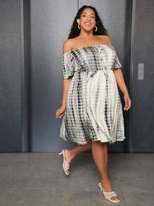 SHEIN CURVE+ Plus Tie Dye Off Shoulder Dress - Multicolor - View 1