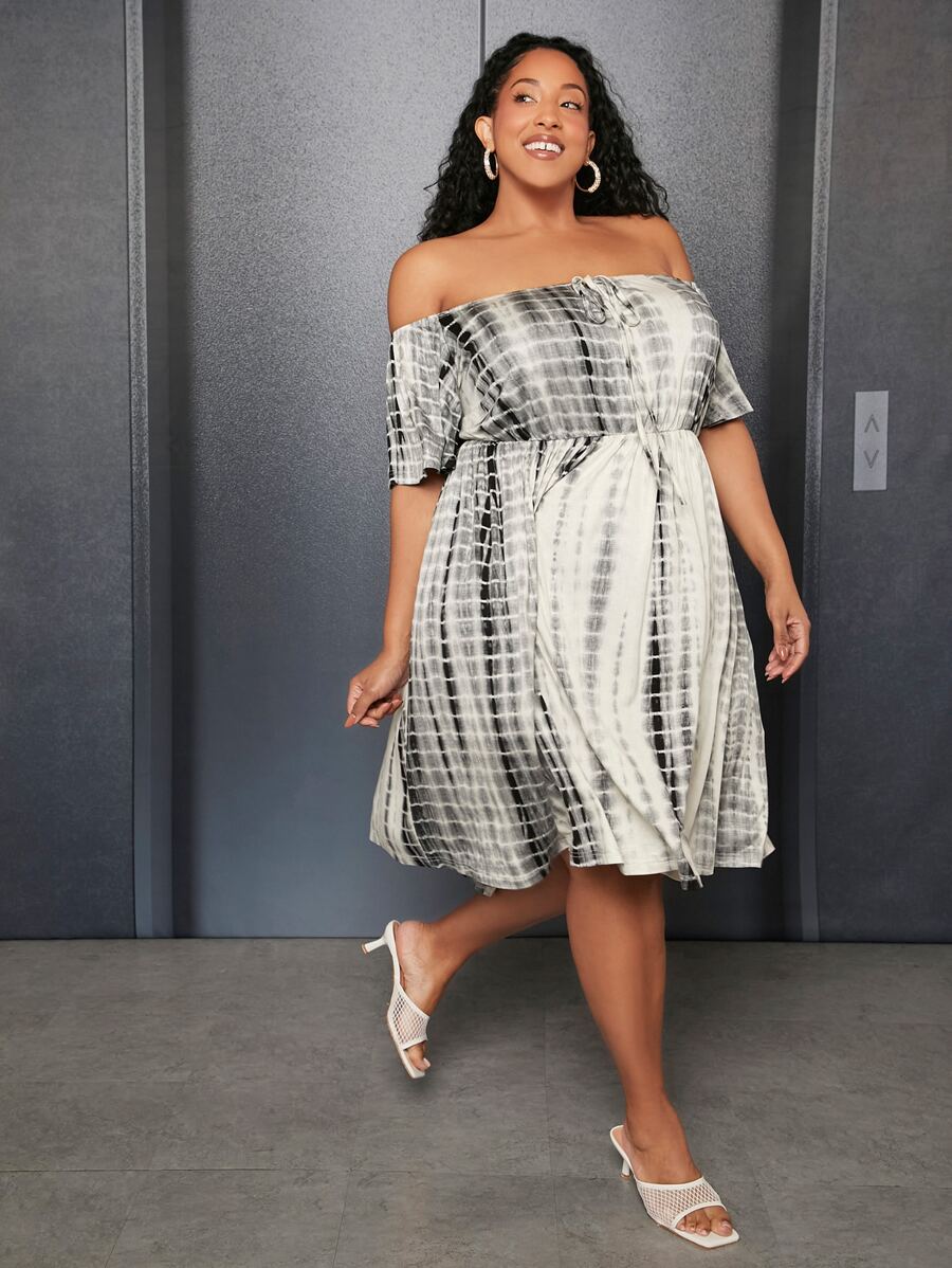 SHEIN CURVE+ Plus Tie Dye Off Shoulder Dress - Multicolor - View 1