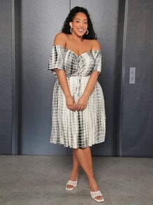 SHEIN CURVE+ Plus Tie Dye Off Shoulder Dress - Multicolor - View 4