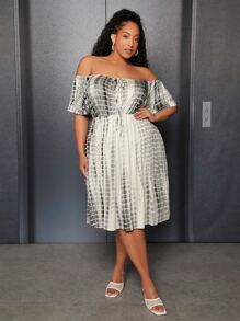 SHEIN CURVE+ Plus Tie Dye Off Shoulder Dress - Multicolor - View 5