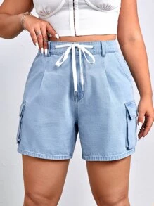 SHEIN EZwear 大碼腰部抽繩翻蓋口袋牛仔短褲 - 淺色水洗藍 - 查看 3