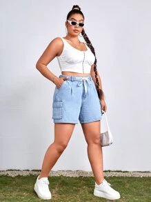 SHEIN EZwear 大碼腰部抽繩翻蓋口袋牛仔短褲 - 淺色水洗藍 - 查看 4