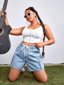 SHEIN EZwear 大碼腰部抽繩翻蓋口袋牛仔短褲 - 淺色水洗藍 - 查看 5