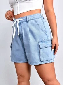 SHEIN EZwear 大碼腰部抽繩翻蓋口袋牛仔短褲 - 淺色水洗藍 - 查看 6