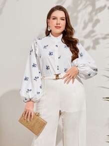 Mulvari Plus Floral Print Lantern Sleeve Blouse - White - View 2