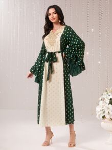 Al Najma Gold Dot Print Colourblock Flounce Sleeve Belted Dress - Multicolor - View 1