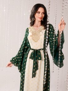 Al Najma Gold Dot Print Colourblock Flounce Sleeve Belted Dress - Multicolor - View 5