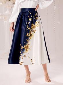Modelyn Gold Floral Print Two Tone Skirt - Blue and White - View 3