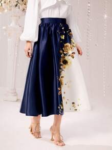 Modelyn Gold Floral Print Two Tone Skirt - Blue and White - View 5