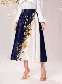 Modelyn Gold Floral Print Two Tone Skirt - Blue and White - View 1