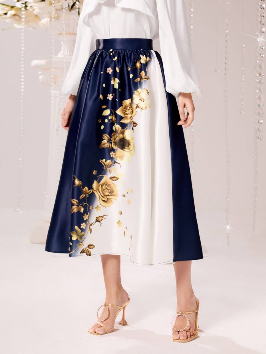 Modelyn Gold Floral Print Two Tone Skirt - Blue and White - View 1
