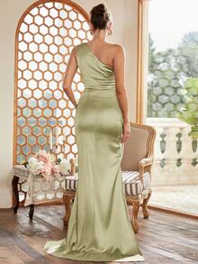 Missord One Shoulder Mesh Insert Ruched Split Thigh Formal Dress - Champagne - View 2